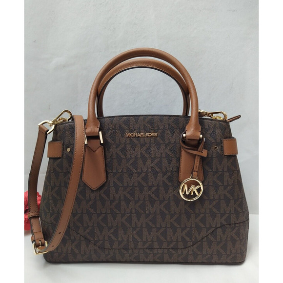 Michael Kors Lynn Brown Lugg MK Printed Large EW Satchel Bag - NWT $398 - Picture 1 of 16